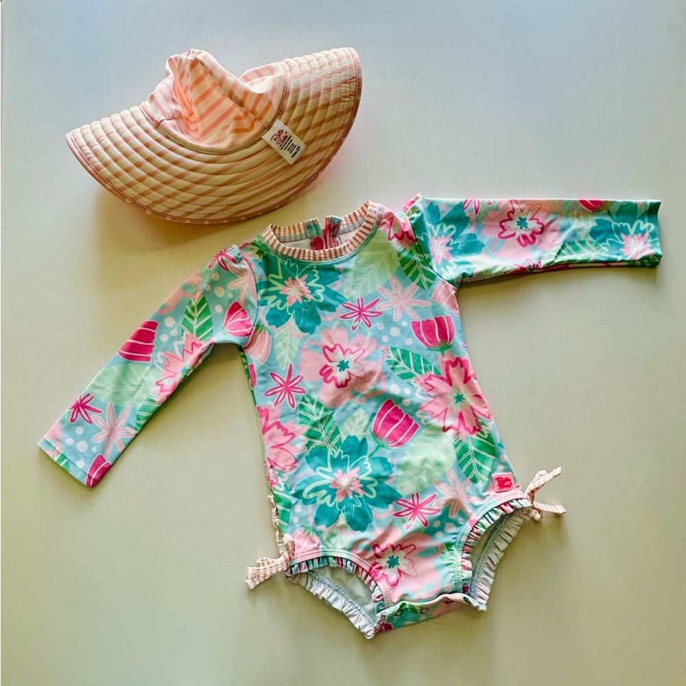 Floral Long Sleeve Baby Swimsuit with Hat Ruffle Butts